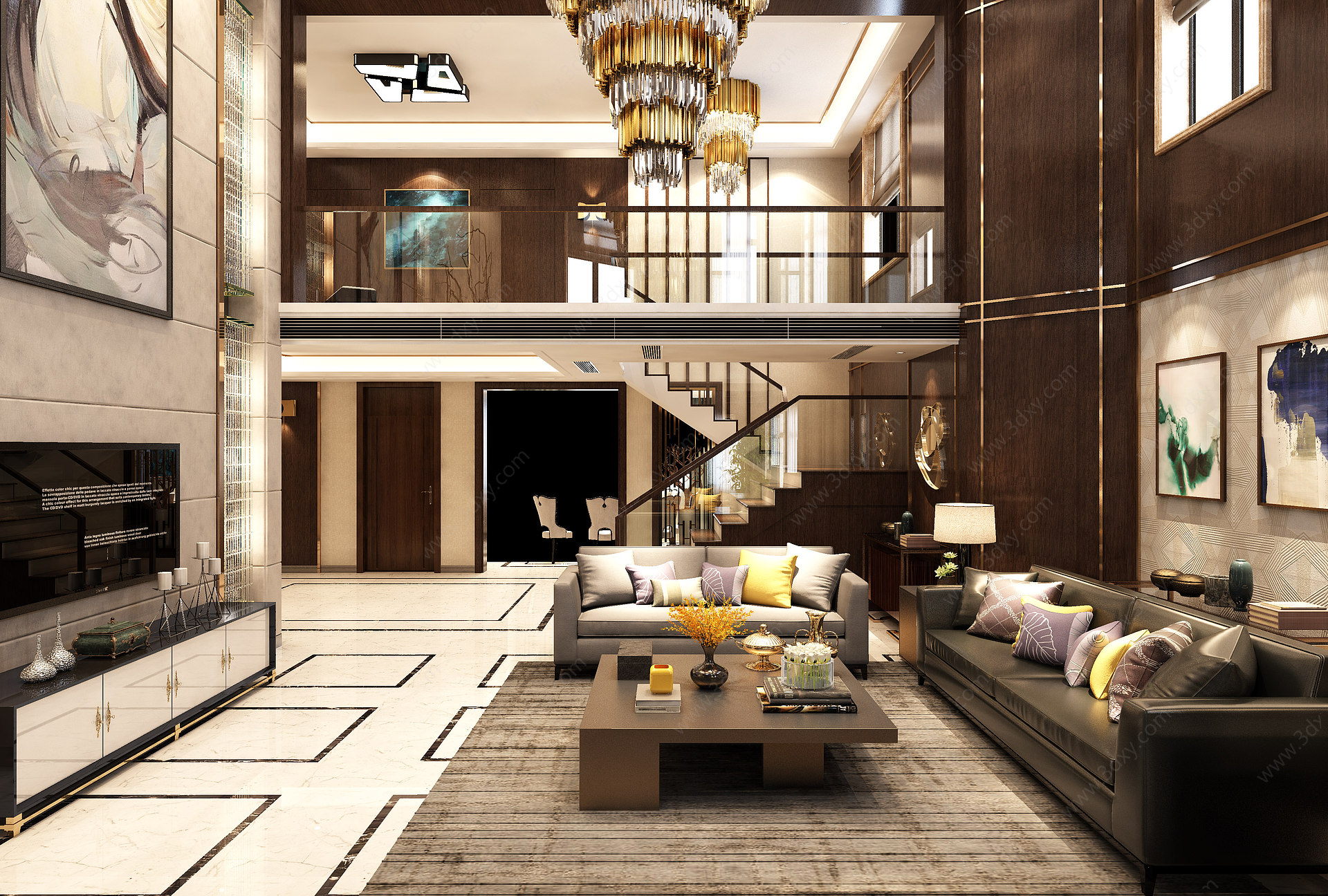 新中式别墅跃层客厅3D模型