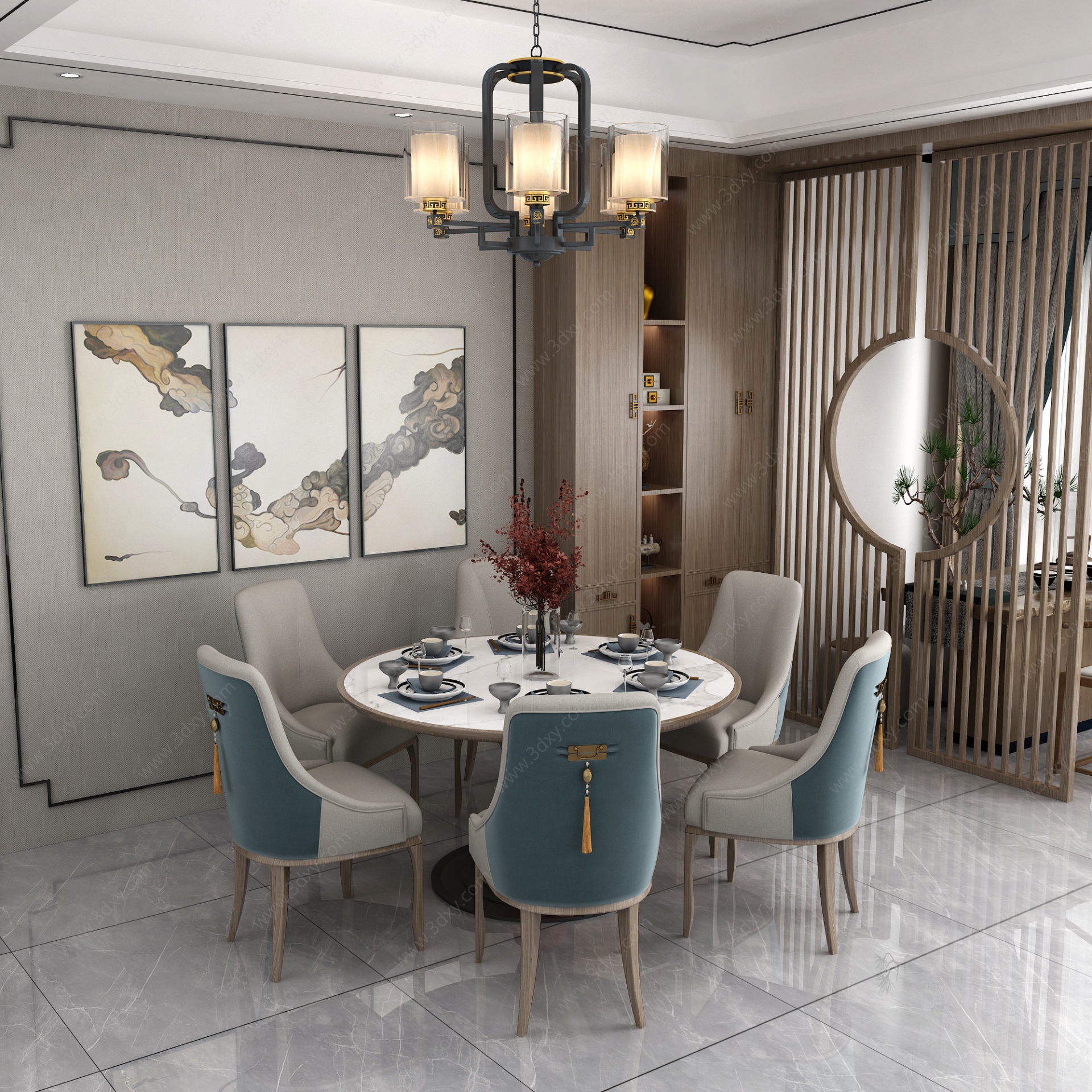 新中式别墅餐厅餐桌椅3D模型
