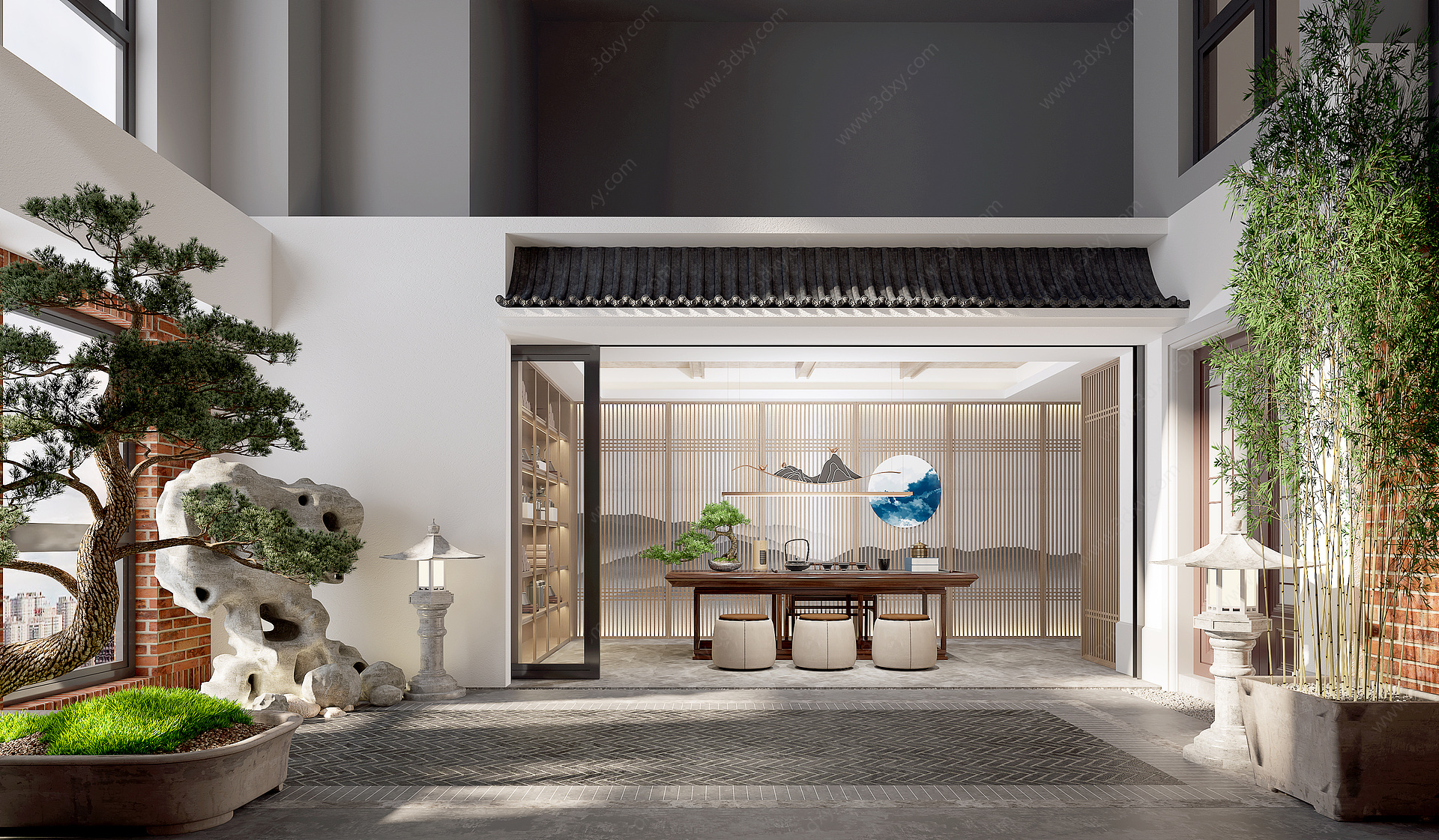 新中式别墅茶室中庭庭院3D模型