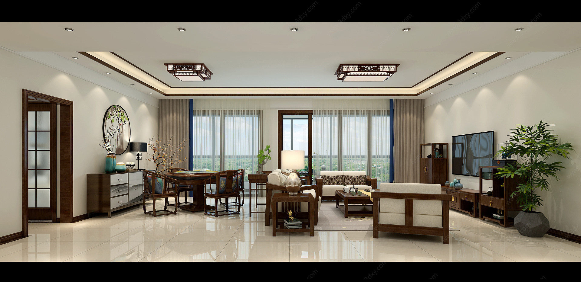 新中式客厅餐厅沙发3D模型