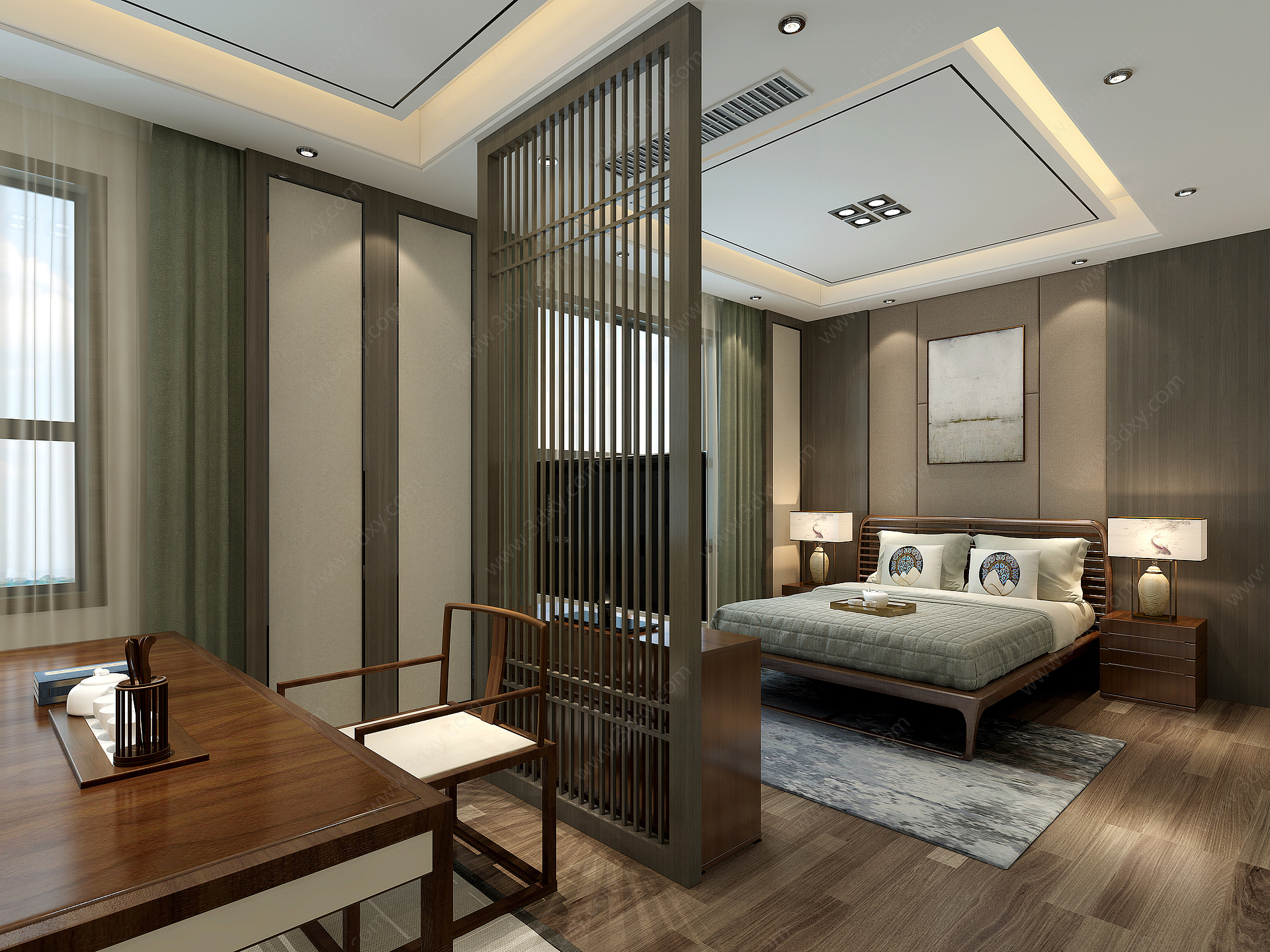 新中式卧室主卧床3D模型