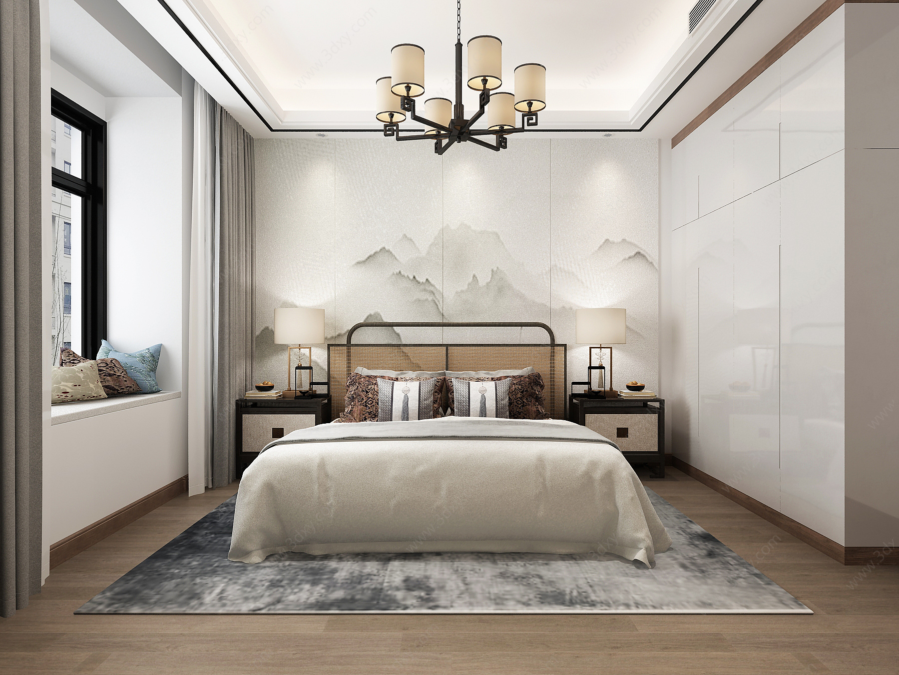 新中式卧室吊灯壁画3D模型