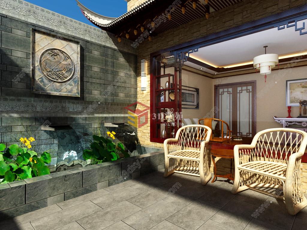 中式阳台休息室3D模型