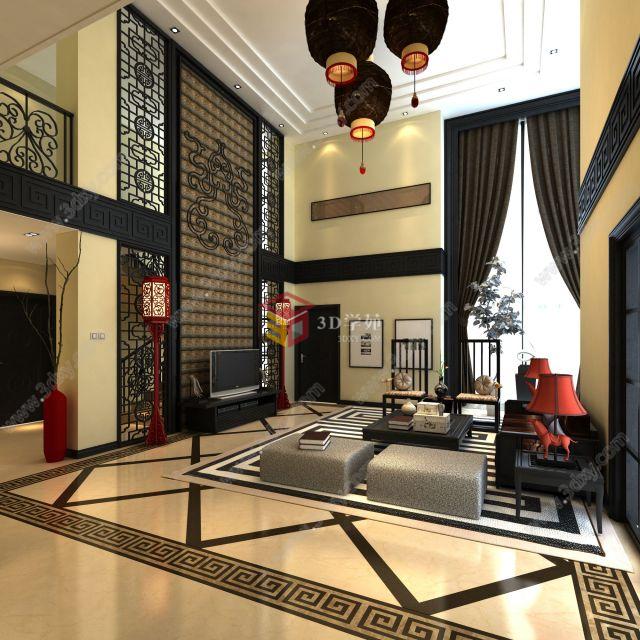 现代中式别墅客厅3D模型