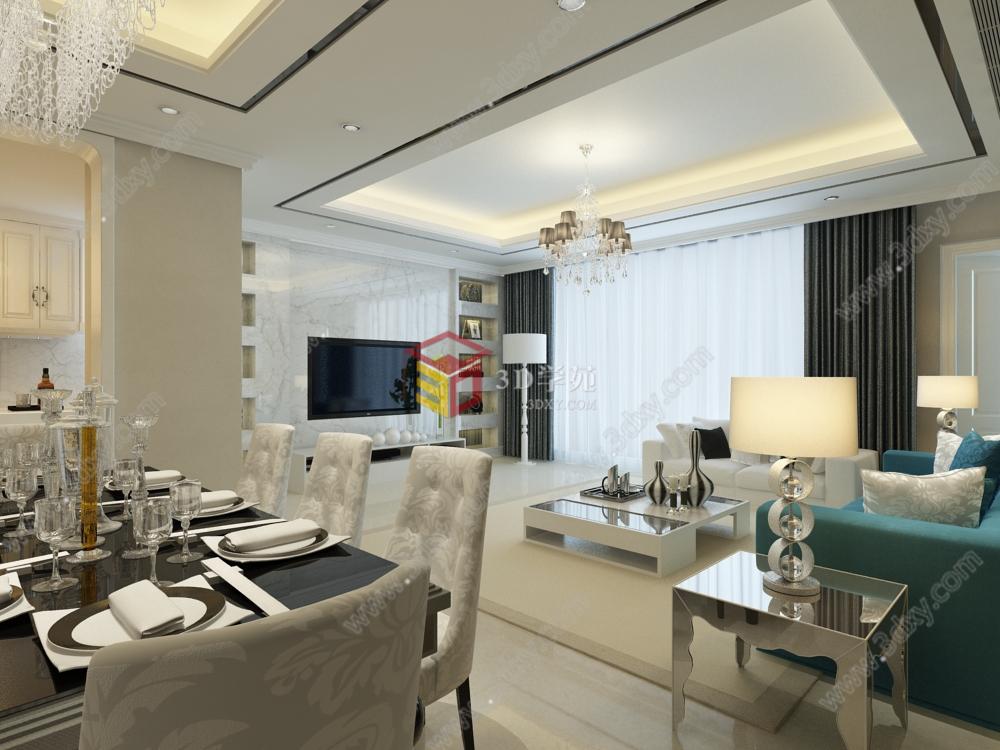 现代白色餐厅客厅效果3D模型