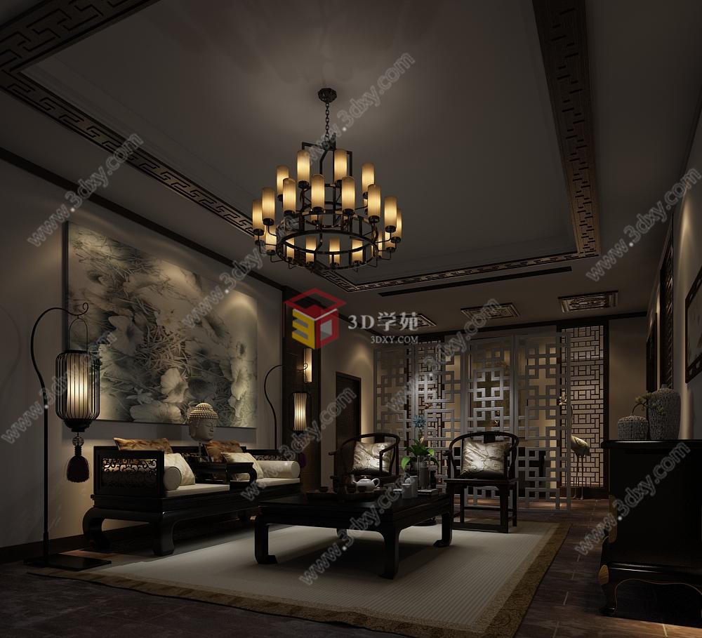 新中式夜景豪华客厅3D模型