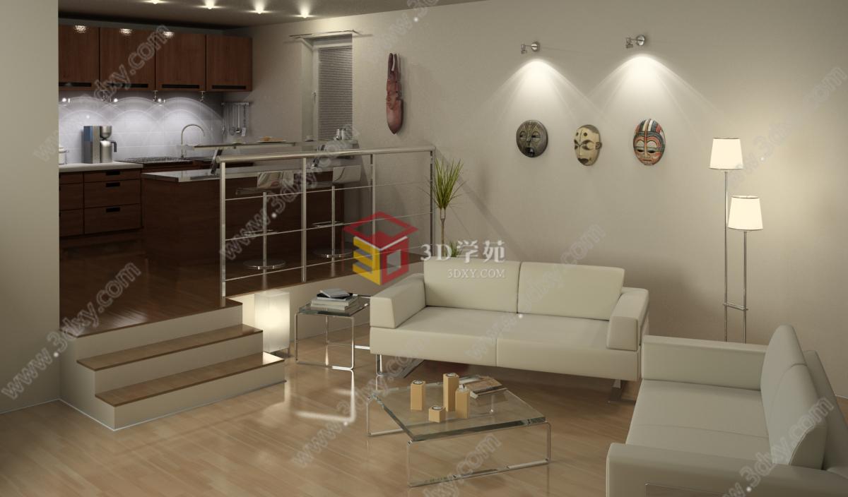 现代客厅厨房结合整体3D模型