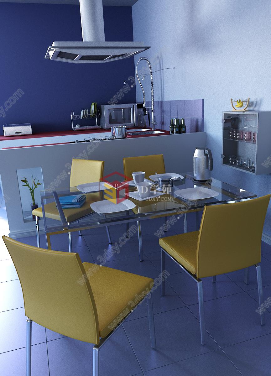 现代餐厅厨房结合整体3D模型