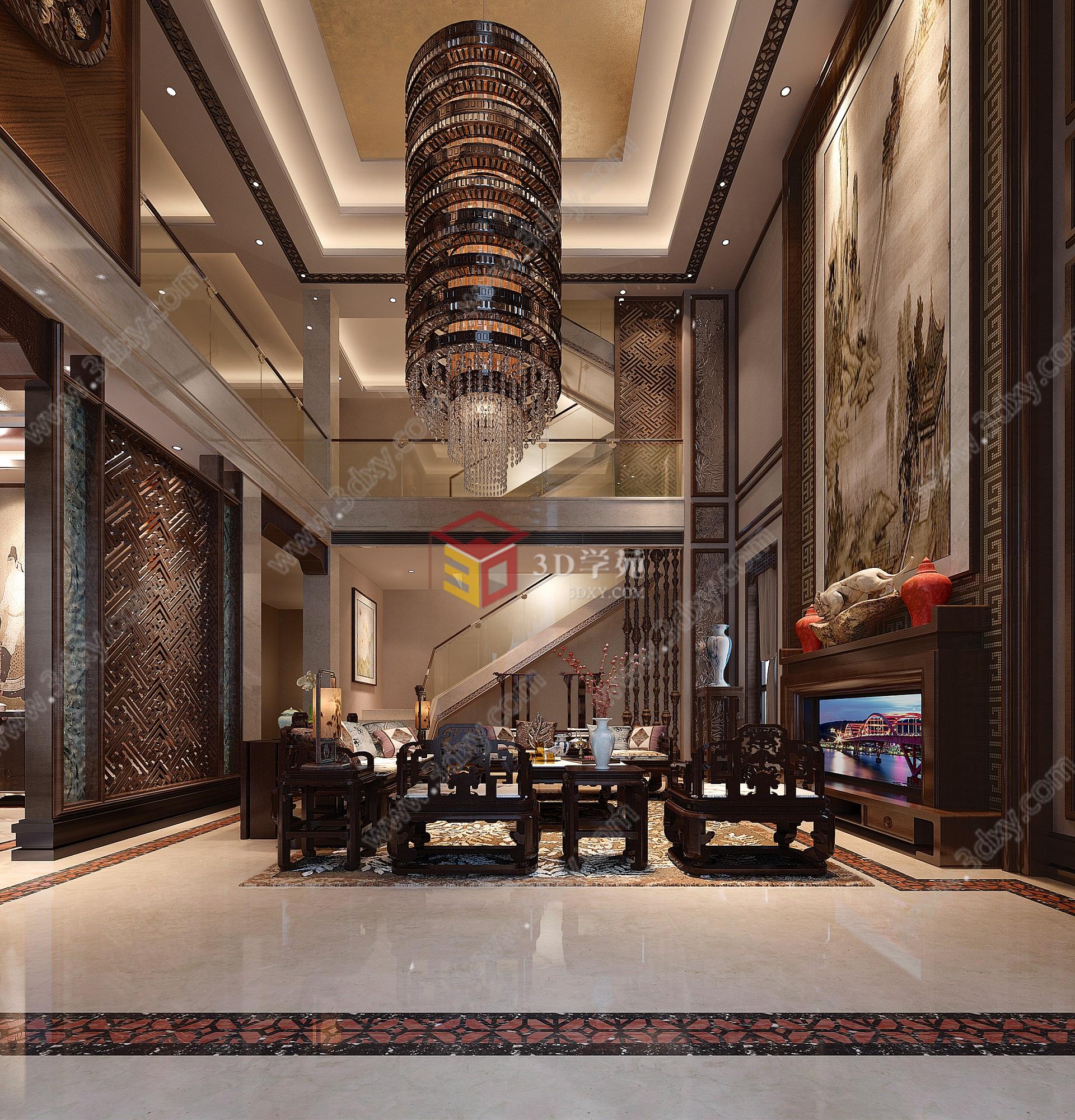 中式风格客厅餐厅3D模型
