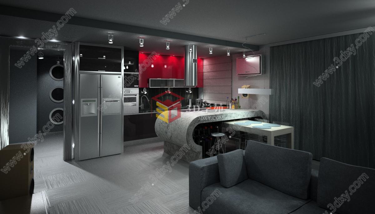现代客厅餐厅厨房3D模型