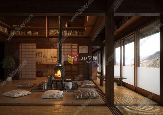 日式书房客厅结合3D模型