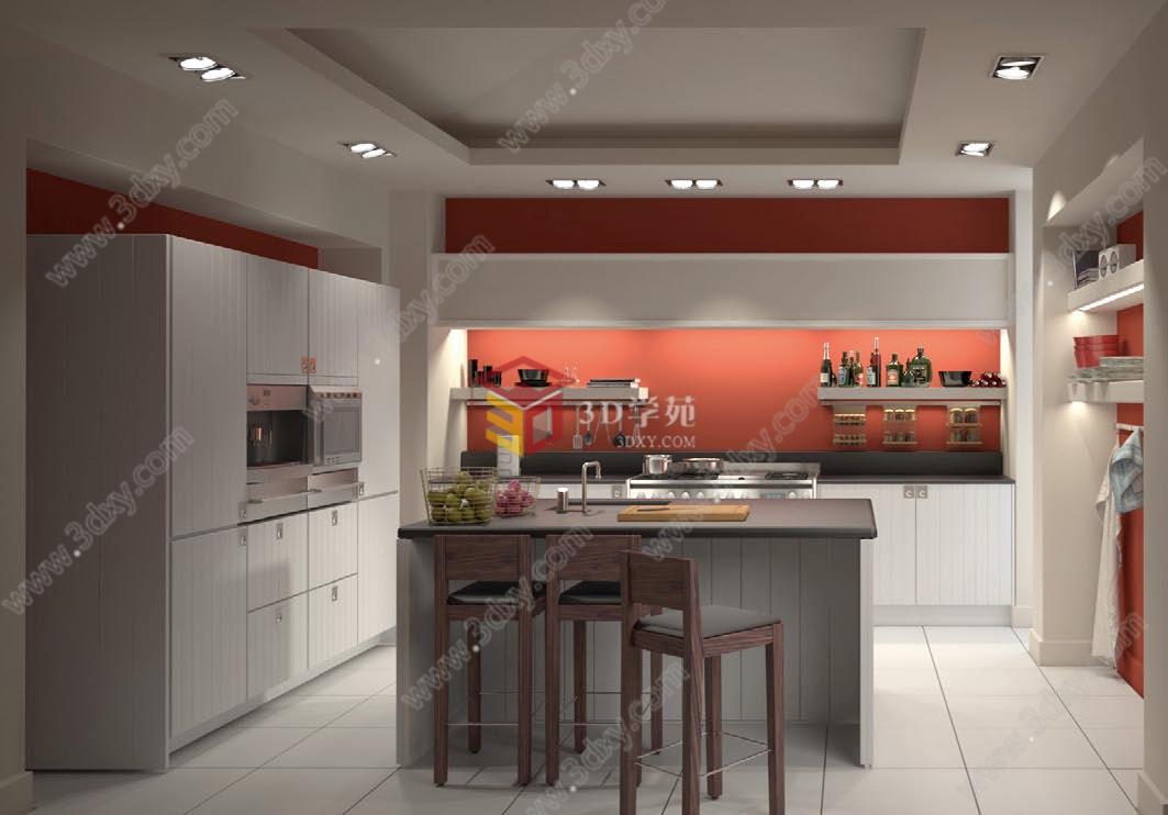 现代开放厨房餐厅3D模型
