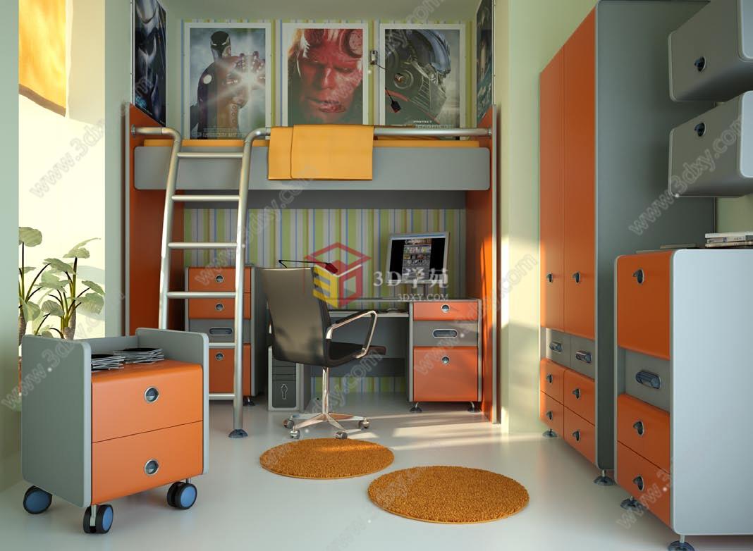 现代儿童房卧室上下铺3D模型