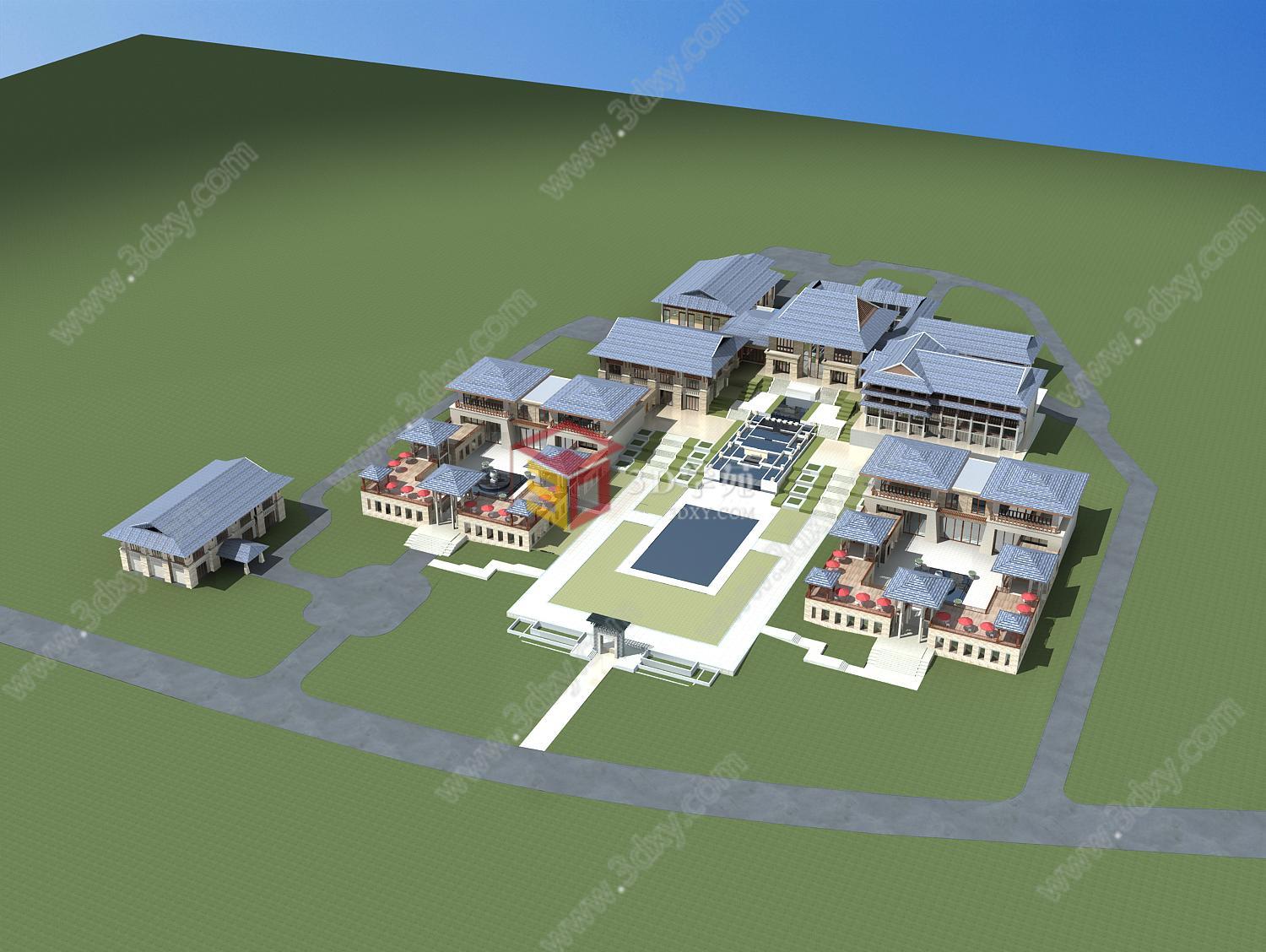 新中式酒店规划3D模型