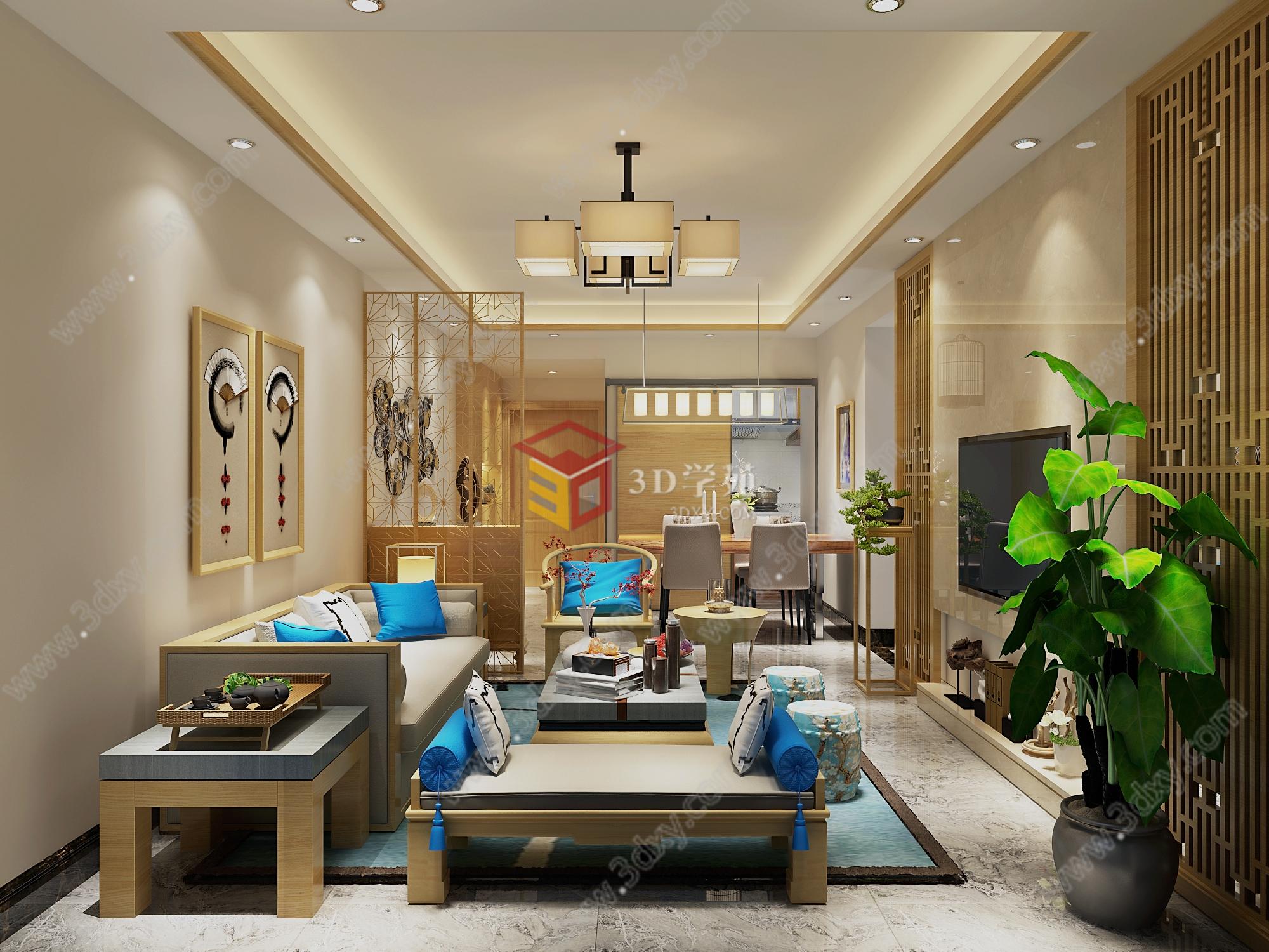 新中式客餐厅主卧室3D模型