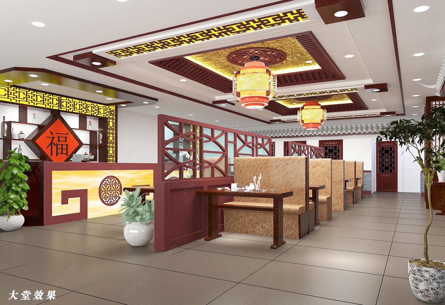 现代中式餐厅大堂3D模型