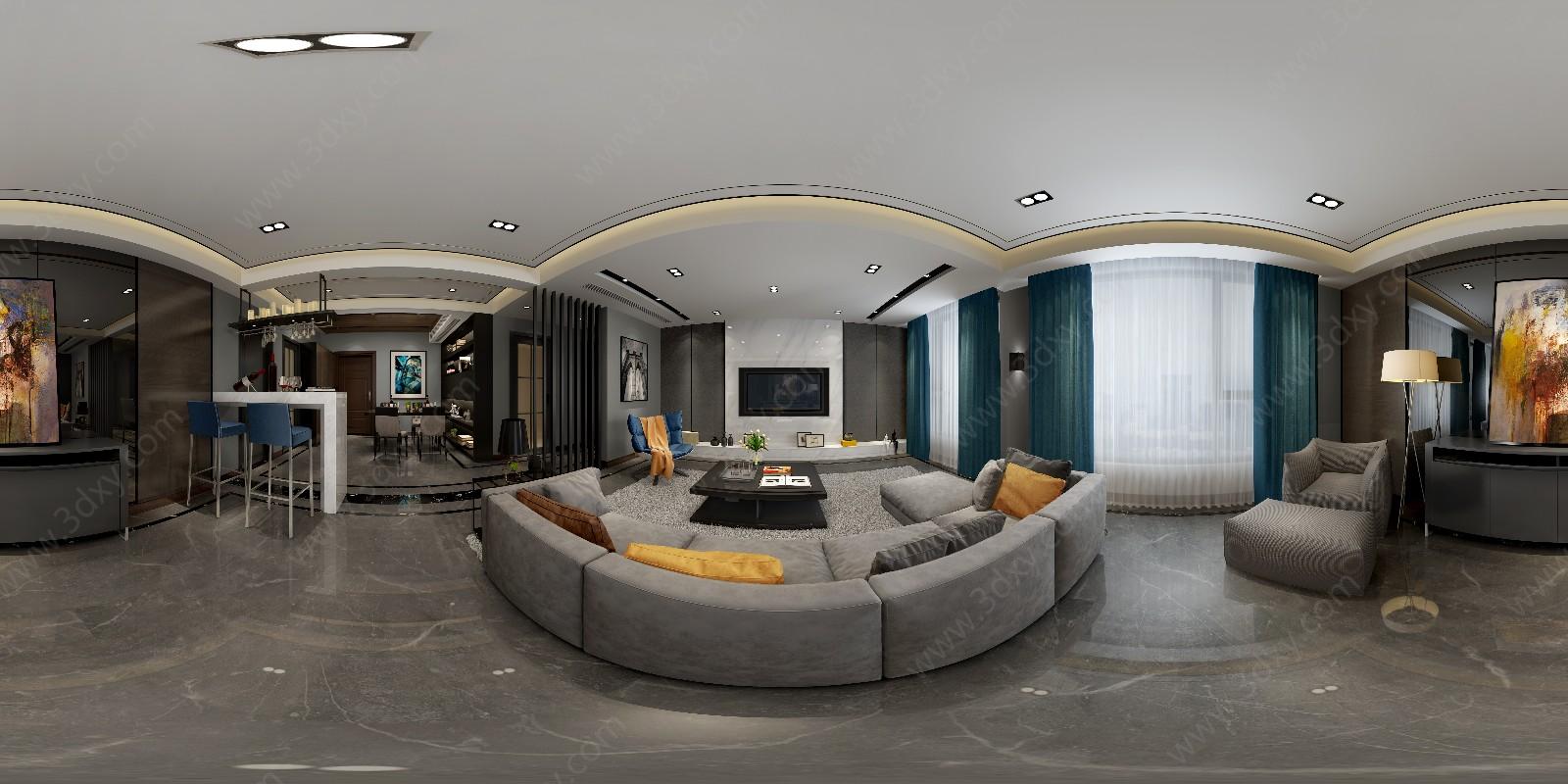 新中式奢华客厅全景3D模型