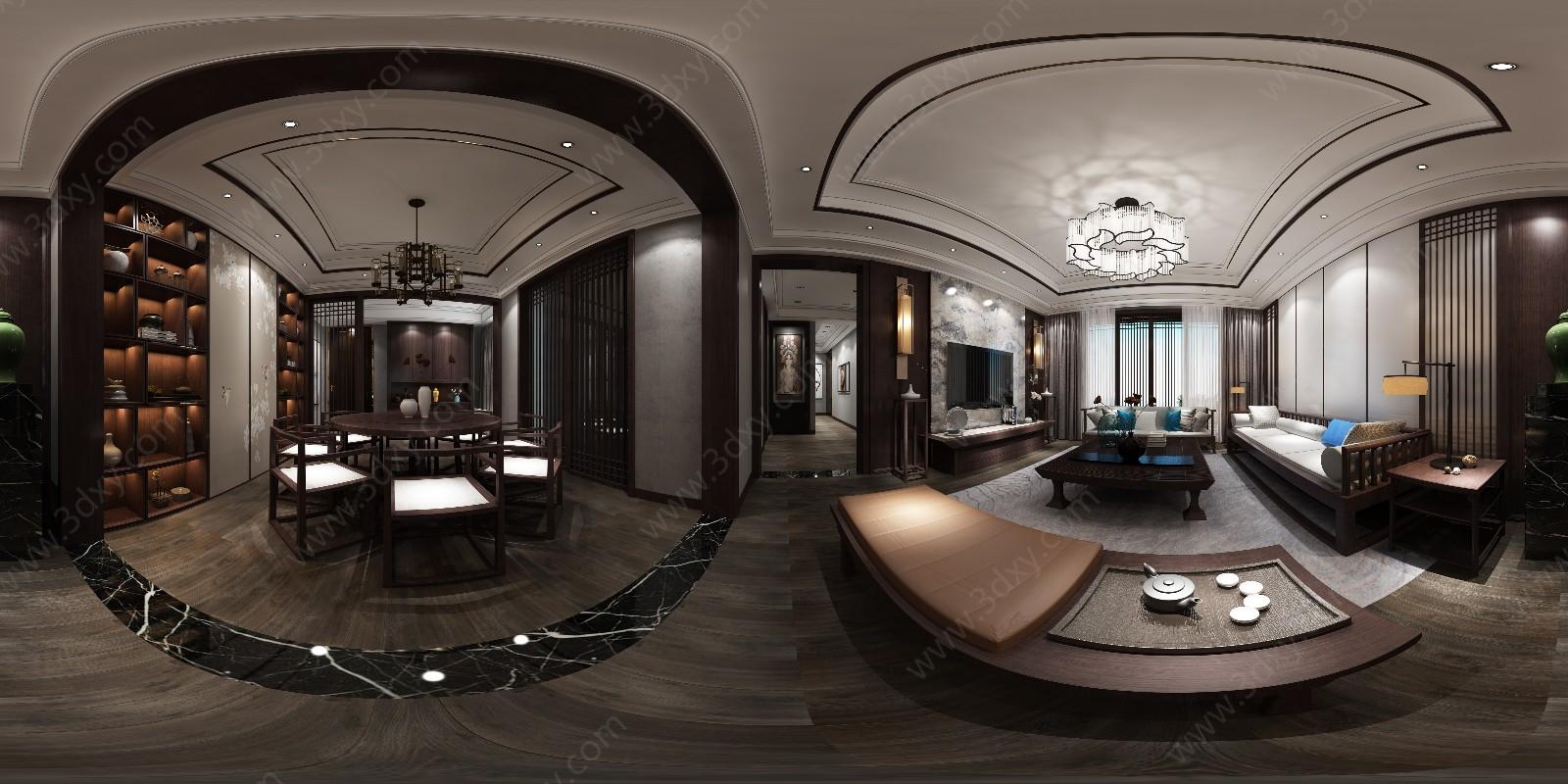 古典中式客餐厅全景3D模型