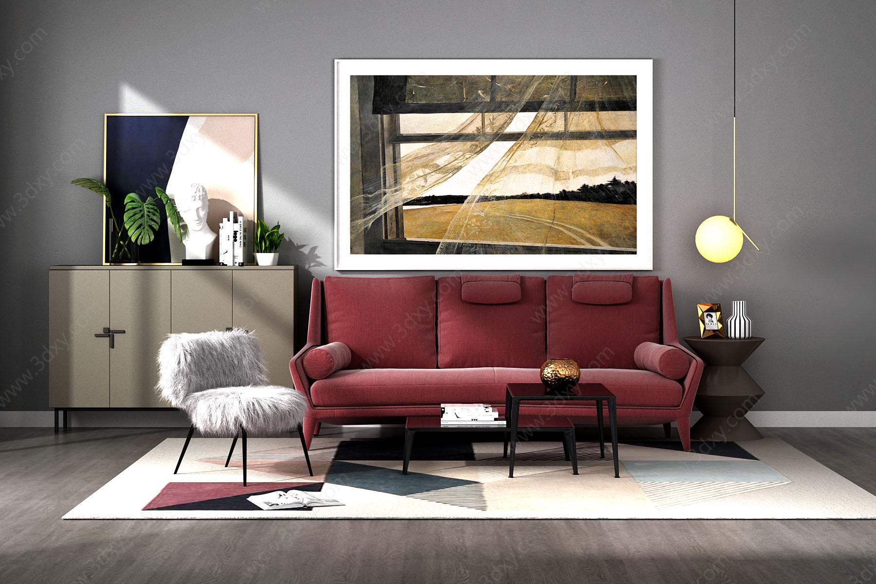 现代沙发茶几装饰柜挂画3D模型