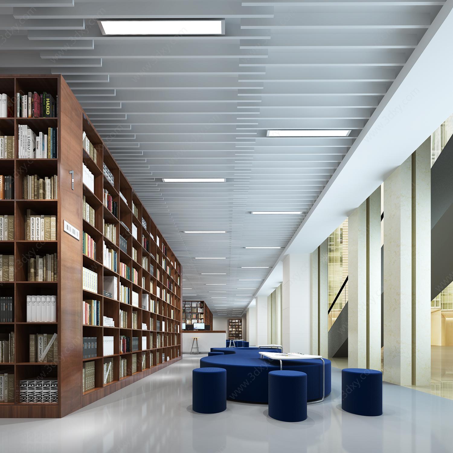 现代图书馆阅读区3D模型