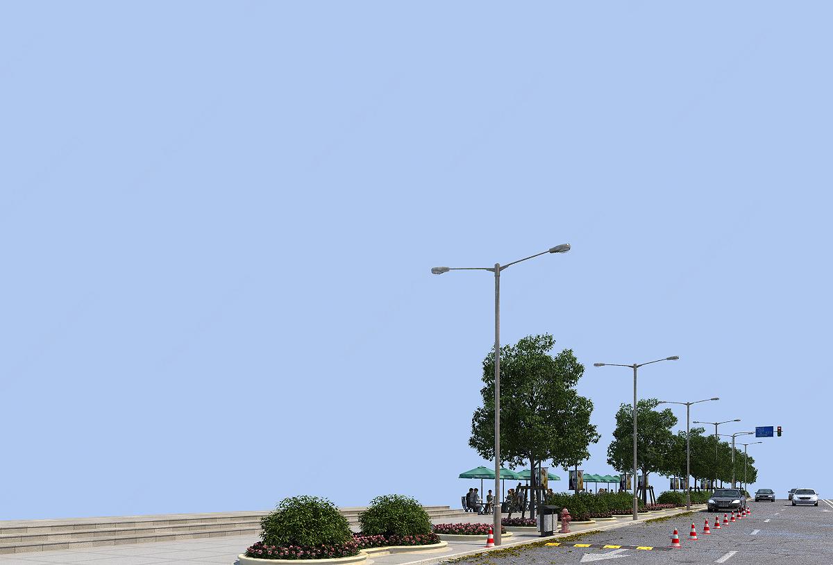 马路，路灯，路边装饰3D模型