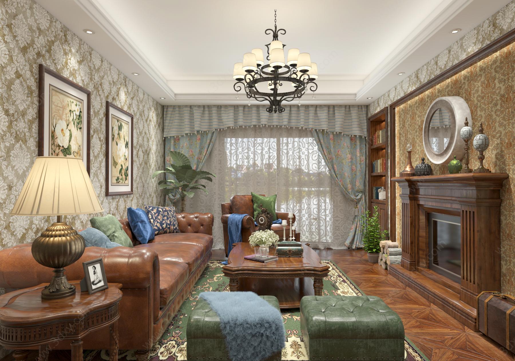 美式客厅空间表现3D模型
