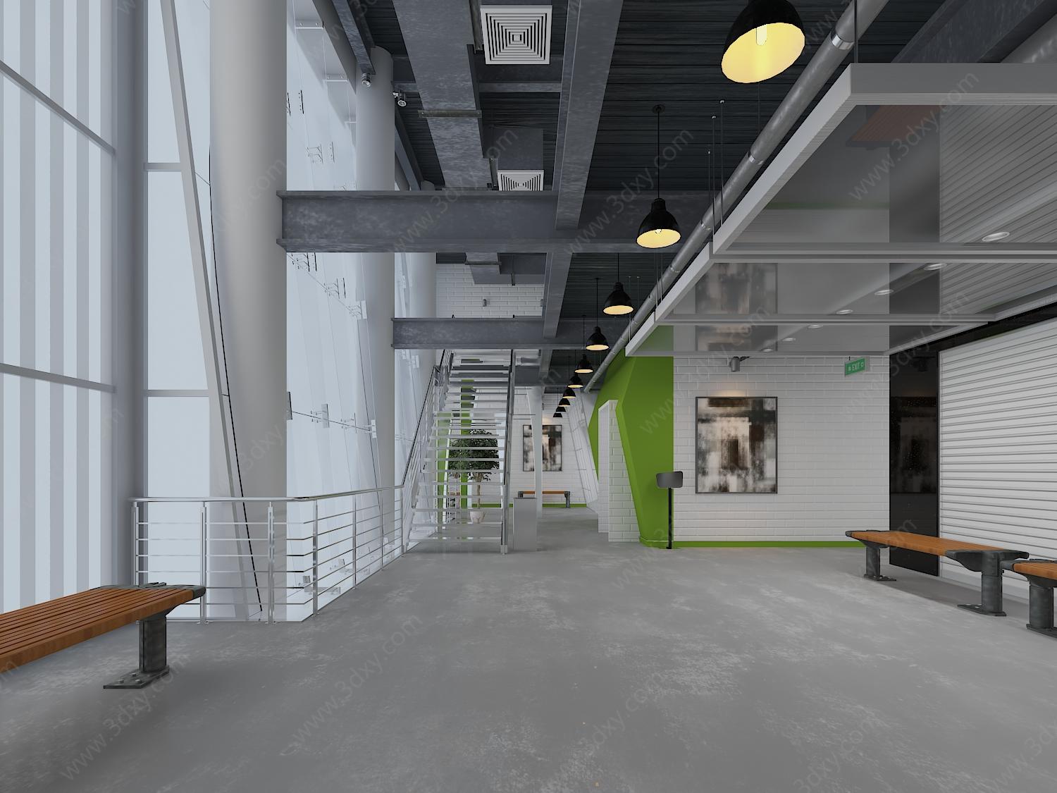 现代办公室空间过道空间3D模型