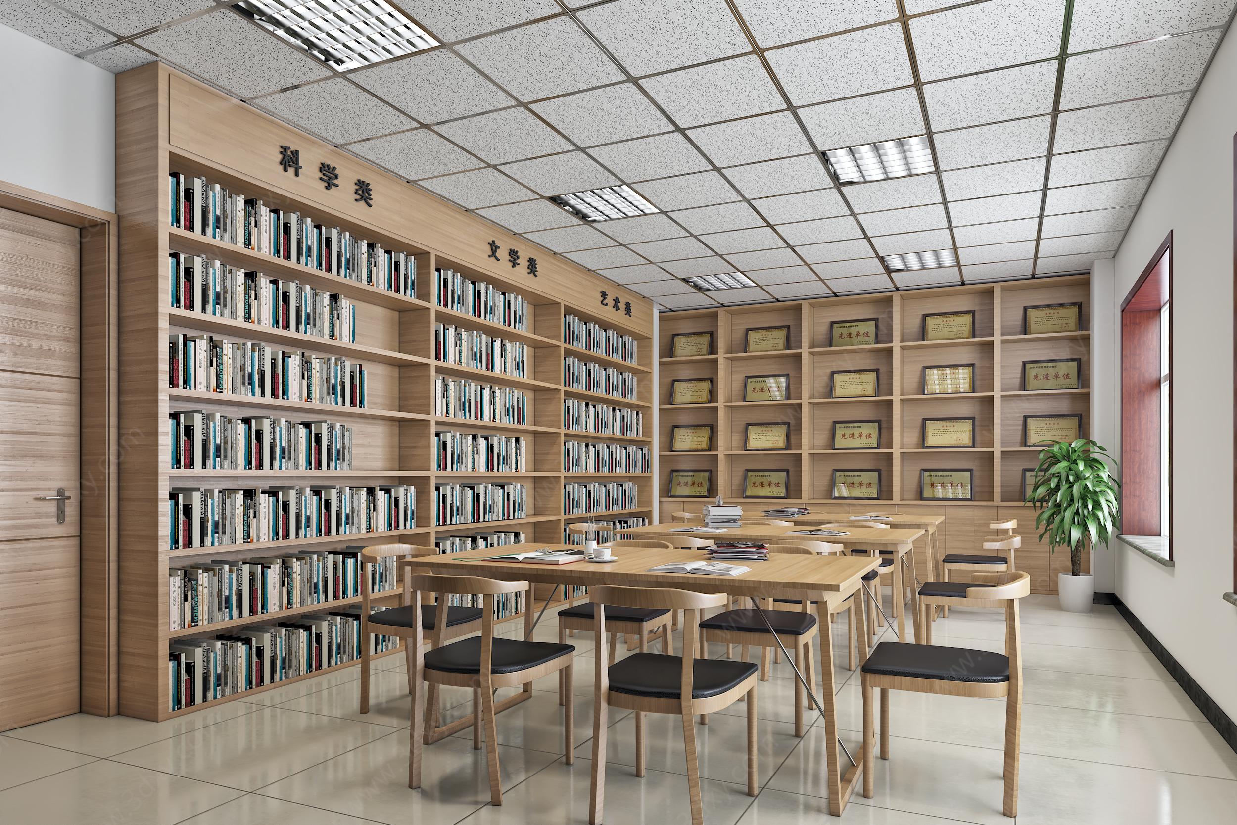 简约新中式阅览室图书馆3D模型