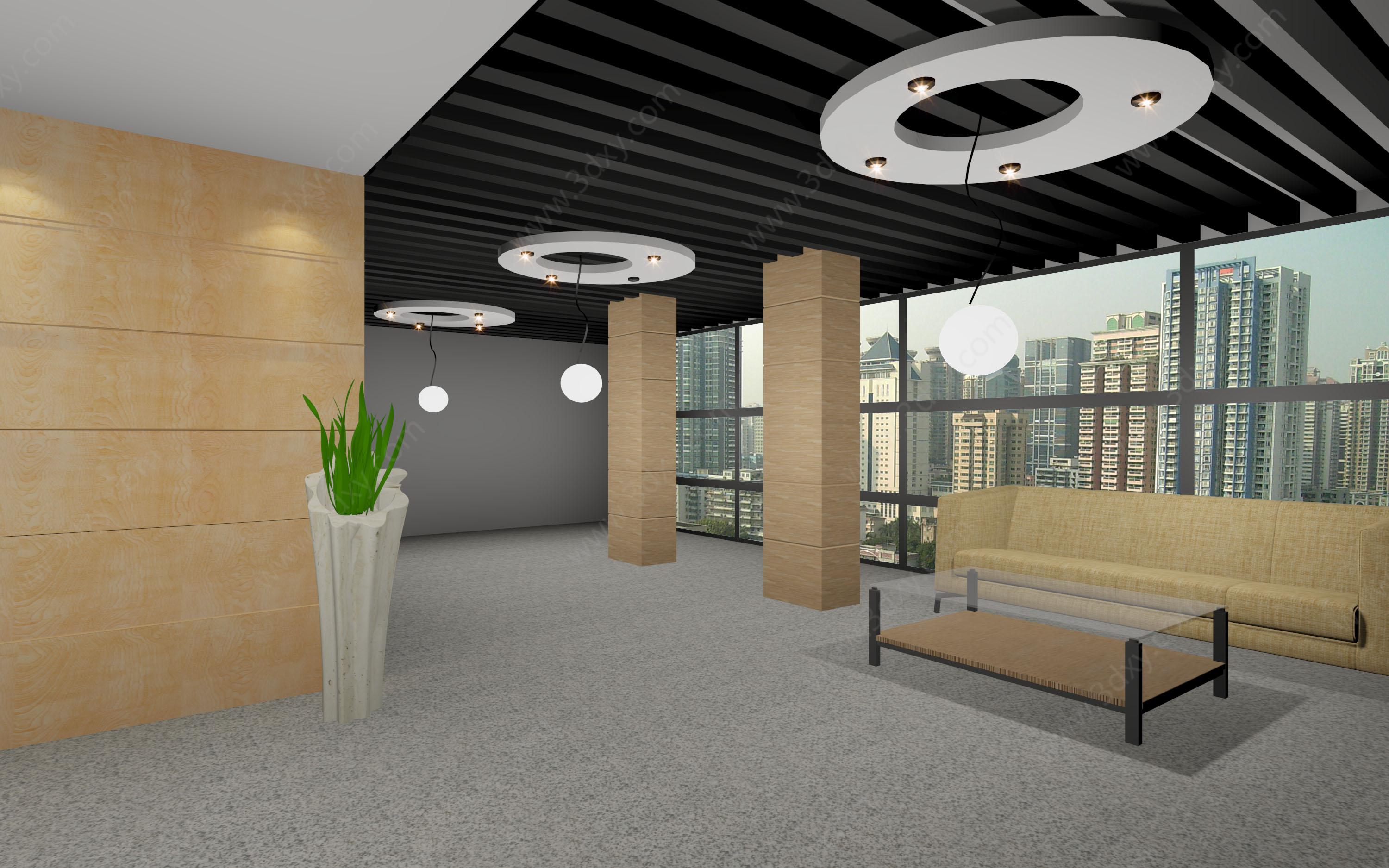 办公空间沙发贴图筒灯绿植3D模型