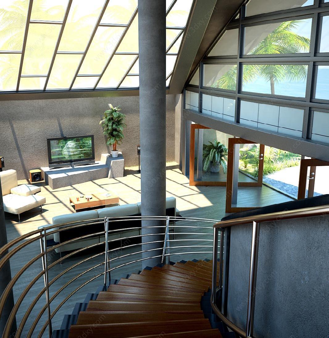 现代时尚复式楼客厅3D模型
