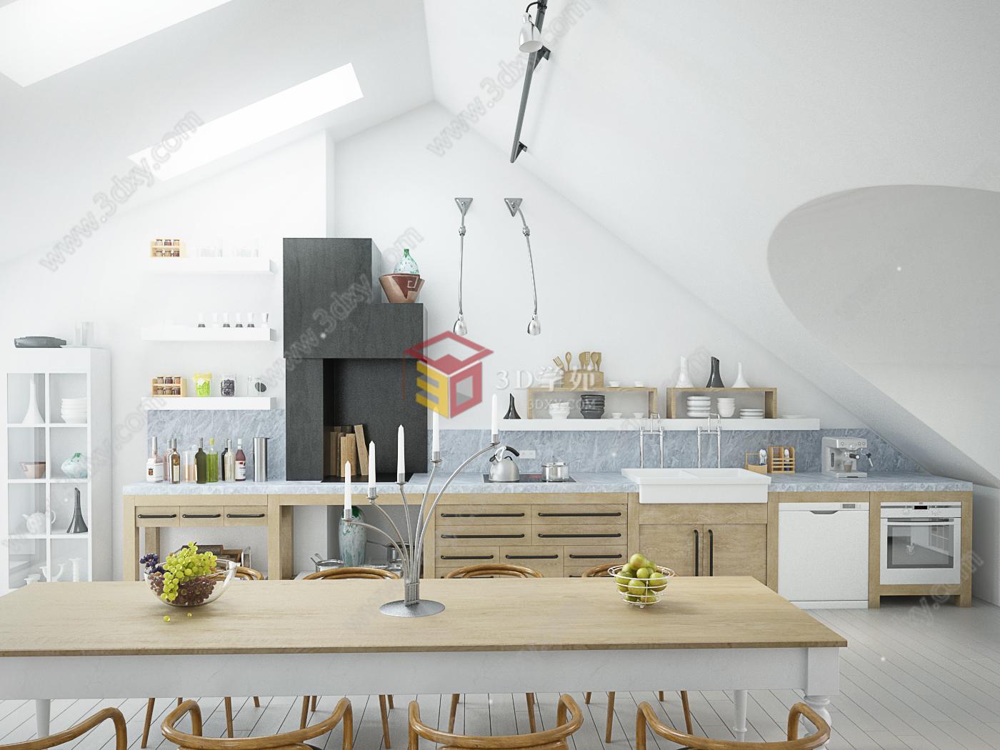 北欧风厨房书房空间3D模型