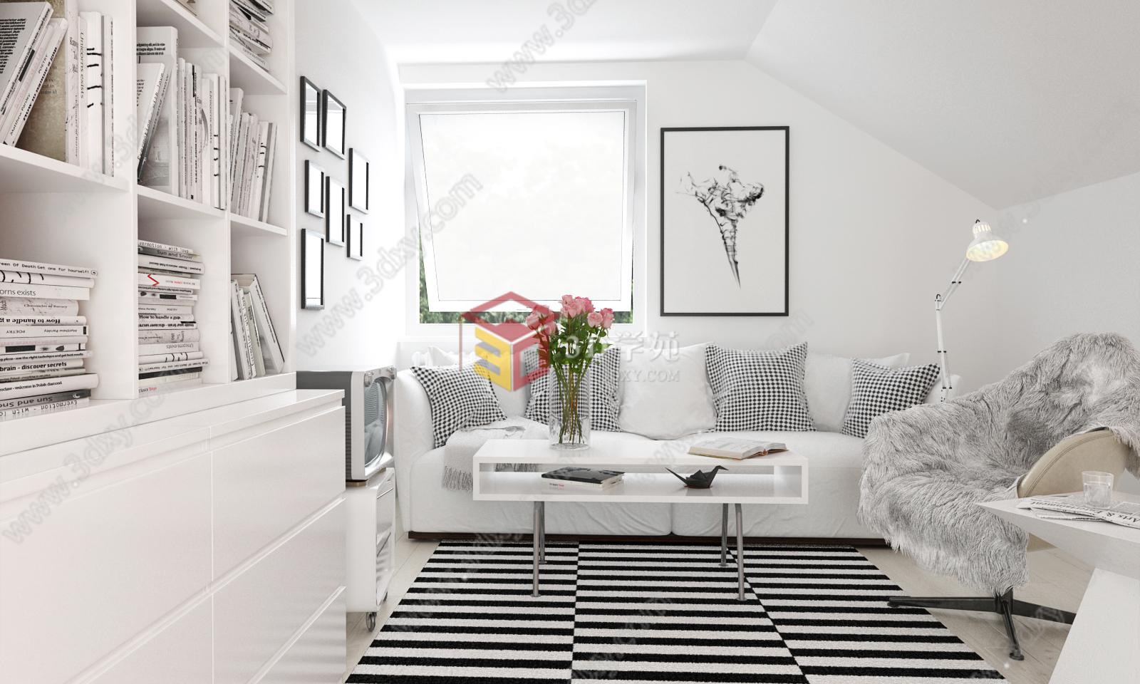 黑白简约阁楼现代沙发组合3D模型