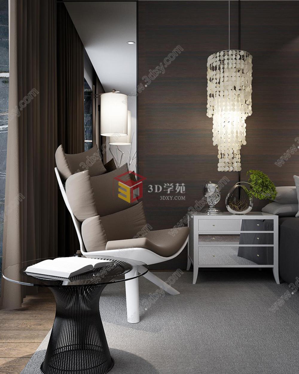 现代座椅水晶吊灯休闲单人沙发床头柜3D模型
