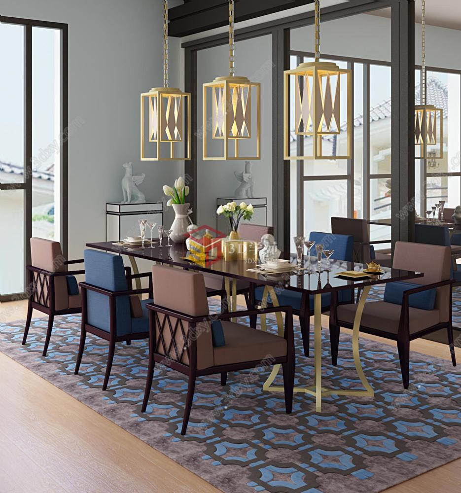 新古典餐厅吊灯餐桌椅组合3D模型