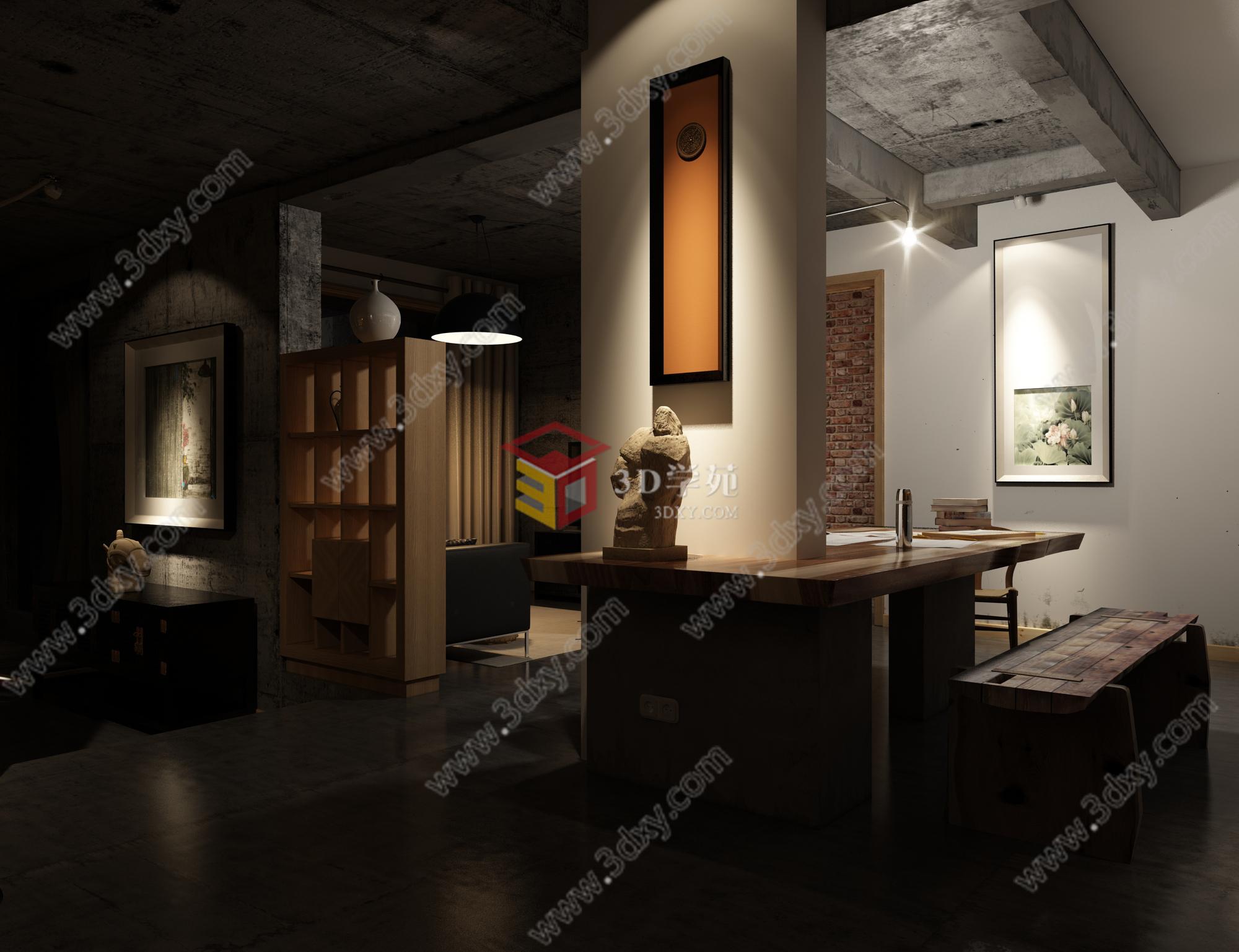 超写实工业风客餐厅厨房书房3D模型