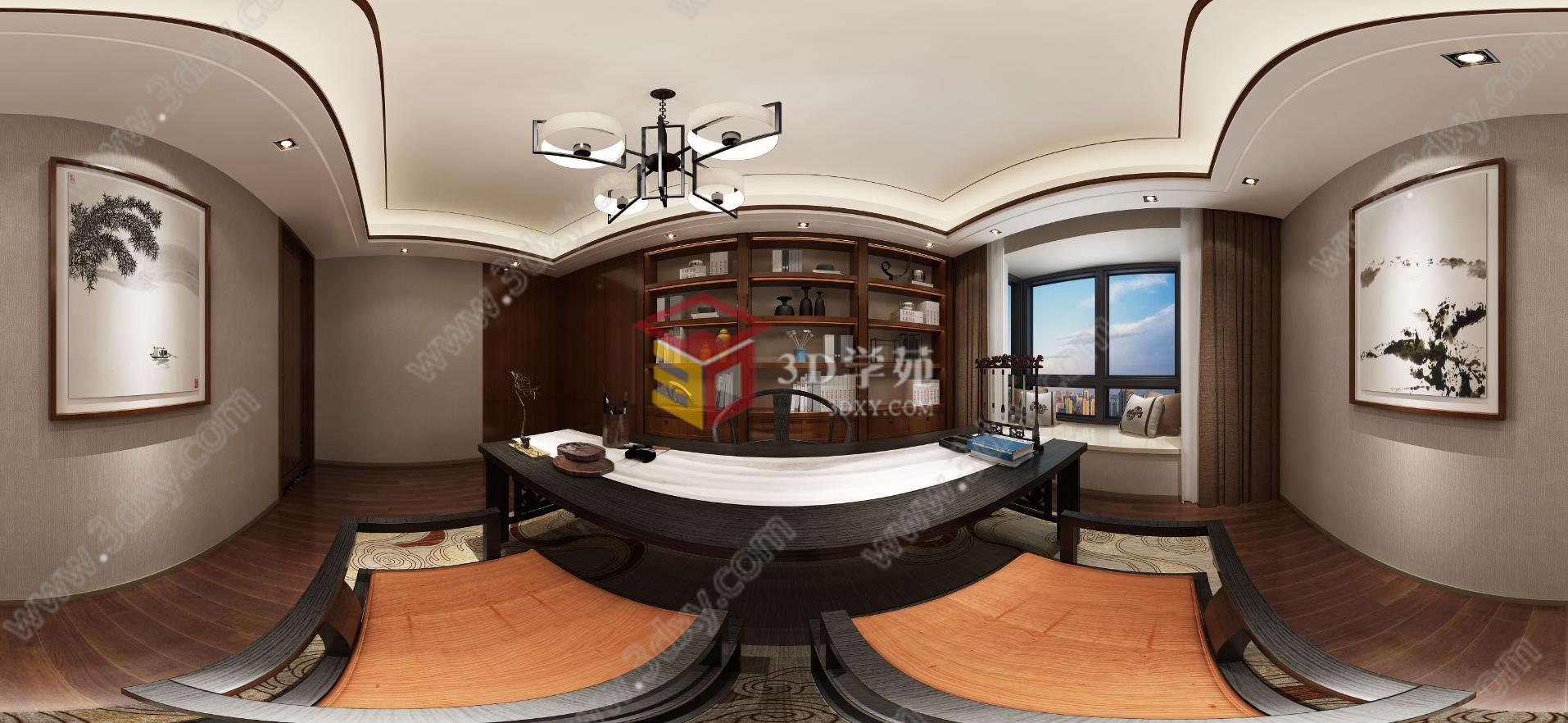 新中式书房全景3D模型