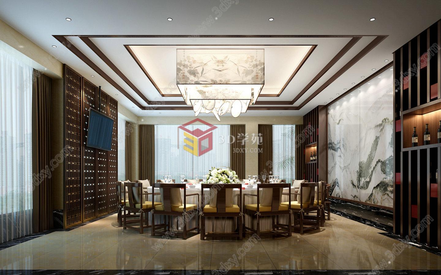 现代中式餐厅3D模型