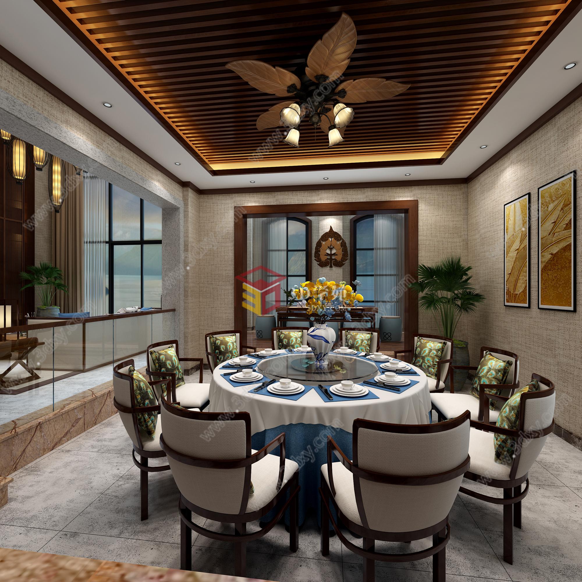 现代中式东南亚客餐厅3D模型