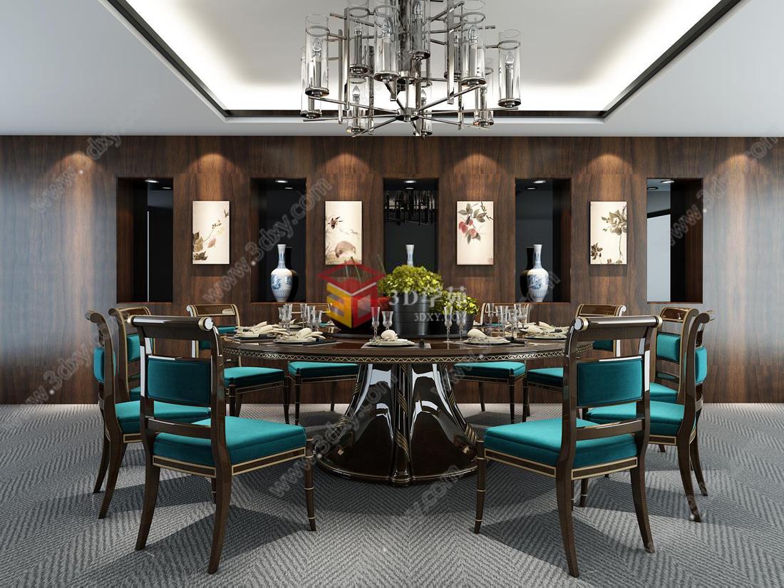 现代奢华餐厅桌椅吊灯组合3D模型