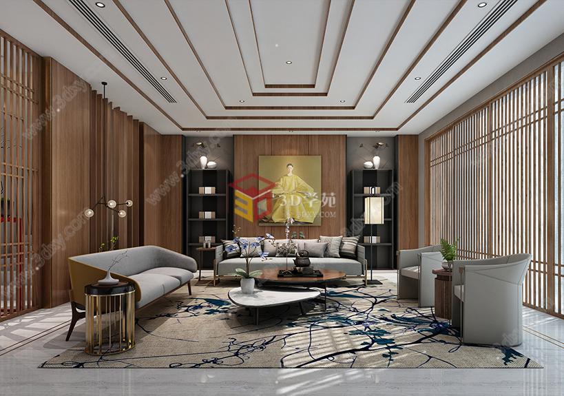 新中式客厅沙发茶几边几3D模型