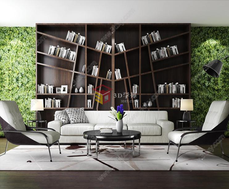 现代创意书架绿植墙休闲沙发椅组合3D模型
