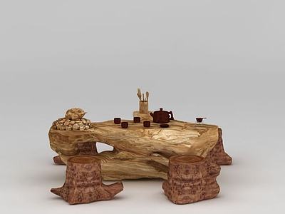 精品实木树雕根雕茶几凳子组合3d模型3d模型