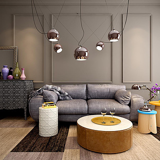 灰色休闲沙发茶几吊灯组合3d模型