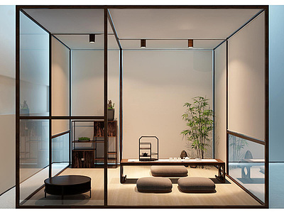 新中式茶室桌椅植物组合3d模型3d模型