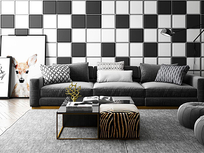 休闲沙发茶几黑白格子背景墙组合3d模型3d模型