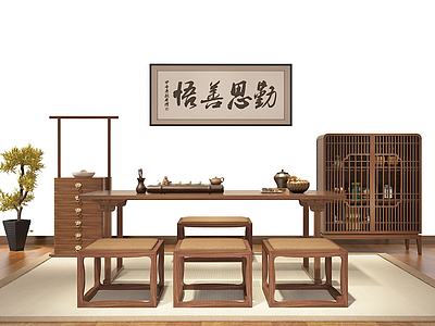 新中式茶桌椅子边柜组合3d模型3d模型