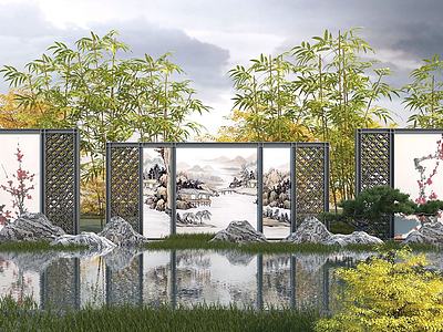 新中式园林景墙,屏风3d模型3d模型