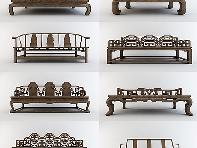 中式罗汉镂空雕花实木沙发3d模型3d模型
