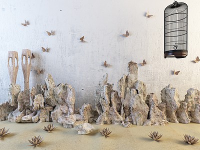 假山蝴蝶壁饰鸟笼景观摆件3d模型3d模型