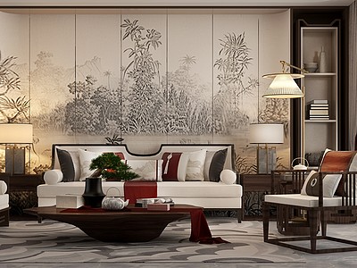 3d新中式客厅新中式沙发组合模型